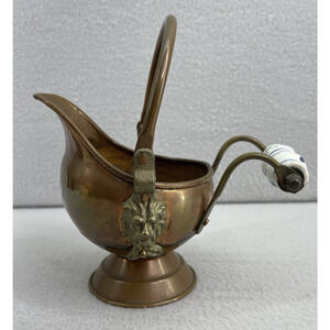 VTG Copper Brass Coal Scuttle Bucket 6.25” Delft Handle Lion Head Decor